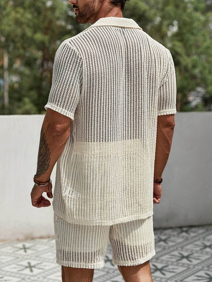 Men's Casual Hollow Short-Sleeved Set - Summer Shirt & Drawstring Shorts - Buy Center US