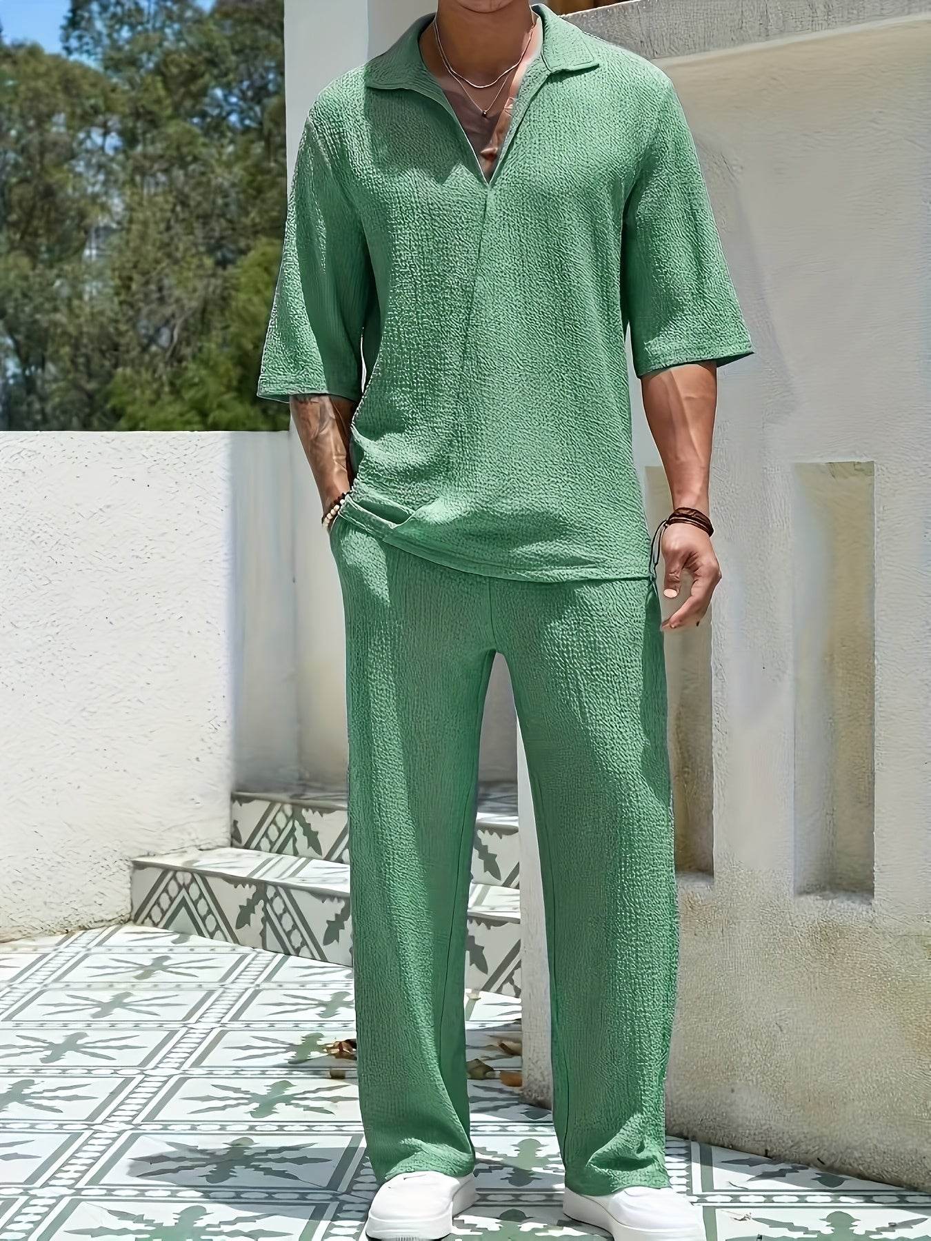 Men's Casual Two-Piece Suit - Short Sleeve Drop Shoulder Summer Style - Buy Center US