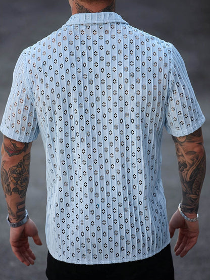 Men's Casual Floral Button-Up Shirt - Light Blue, Stretchy Fabric for Summer - Buy Center US