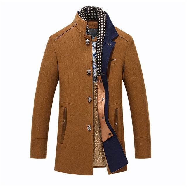 Buycenter Men's Woollen Overcoat - Stylish Double Collar, Khaki & Navy - Buy Center US