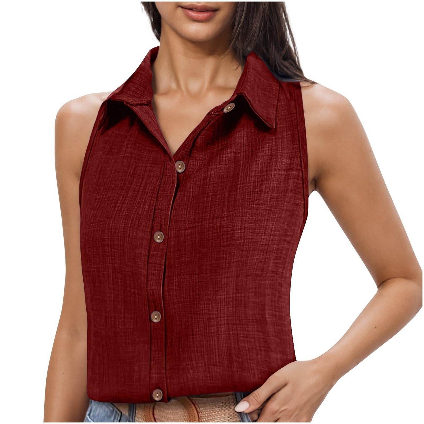Women's Cotton Linen Button Shirt - Stylish Sleeveless Cardigan Top - Buy Center US