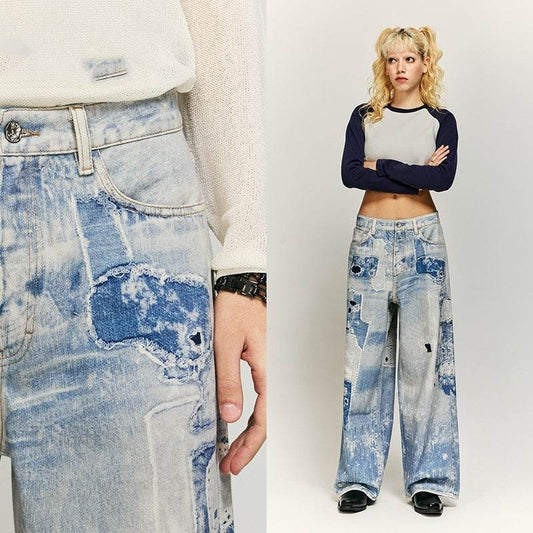 Washed Tie-Dyed Cotton Jeans for Youth - Straight-Leg Mid Waist Style - Buy Center US