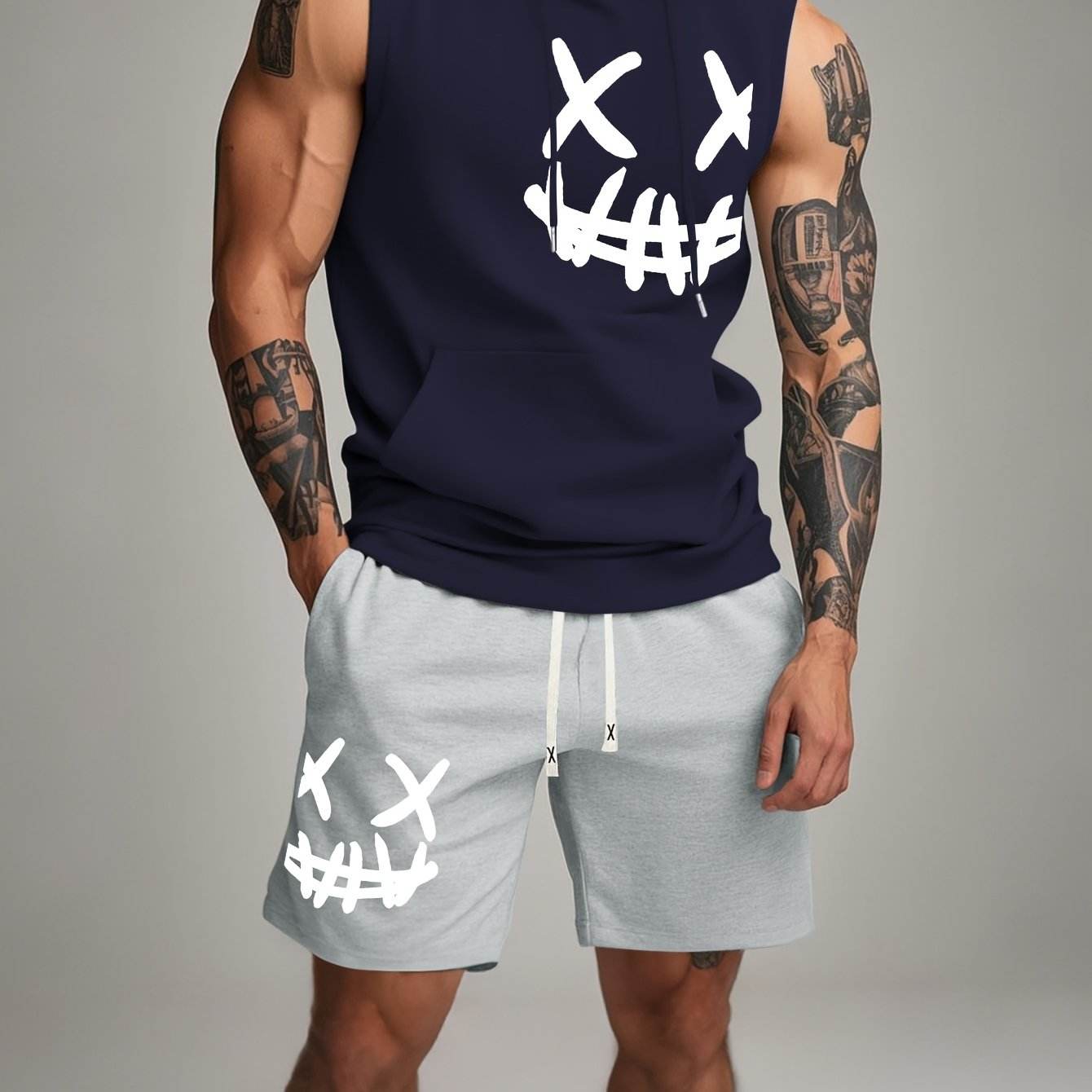Men's Casual Hooded Tank Top & Shorts Set - Skull Print Summer Sportswear - Buy Center US