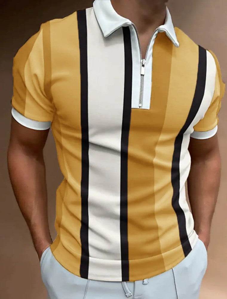 Men's Striped Short-Sleeved Polo Shirt - Slim Fit, Casual Cotton Blend - Buy Center US