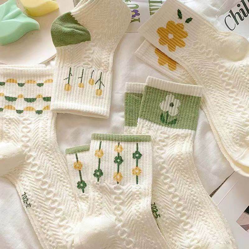 Cute Women's Summer Mid-Calf Socks - Flower & Stripe Patterns, 5 Pairs - Buy Center US