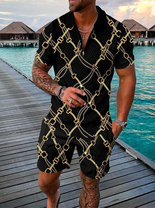 Men's 3D Printed Geometric Zip Lapel Shirt Set - Summer Fashion Outfit - Buy Center US