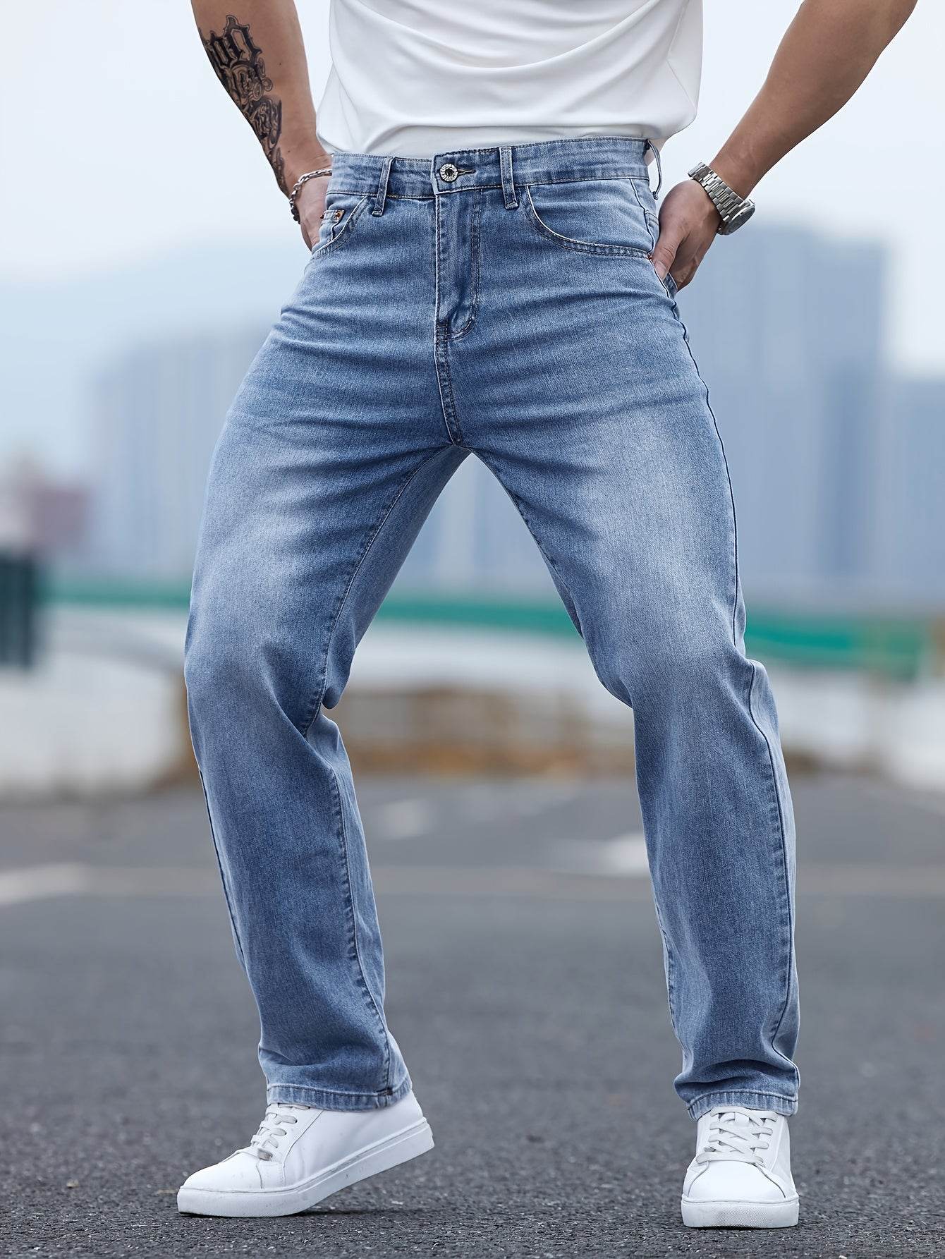 Men's Light Blue Washed Jeans - Relaxed Fit, High-Quality Cotton Blend - Buy Center US