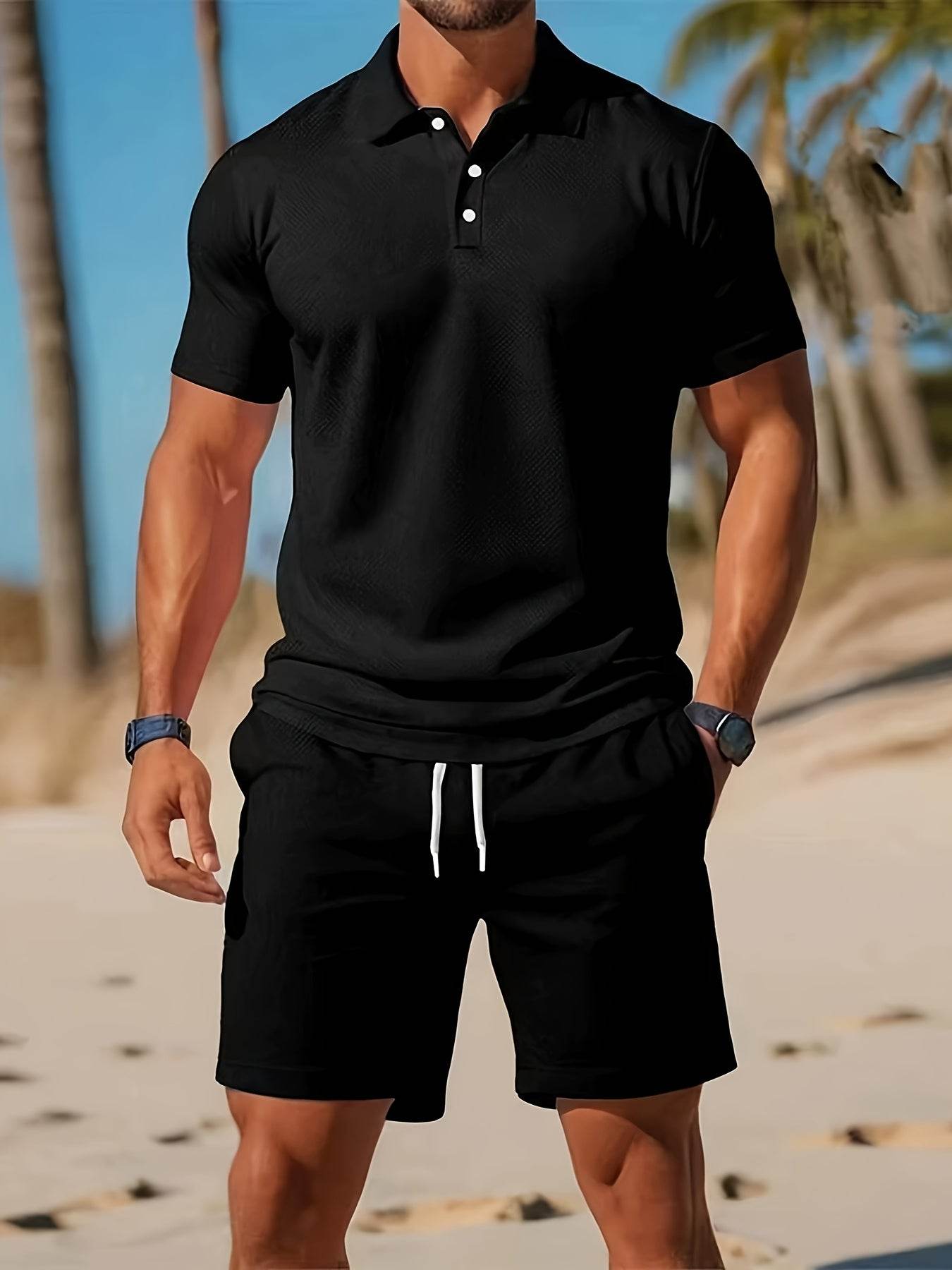 Men’s Black Polo Shirt & Pocket Shorts Set - Casual Stretchy Summer Attire - Buy Center US