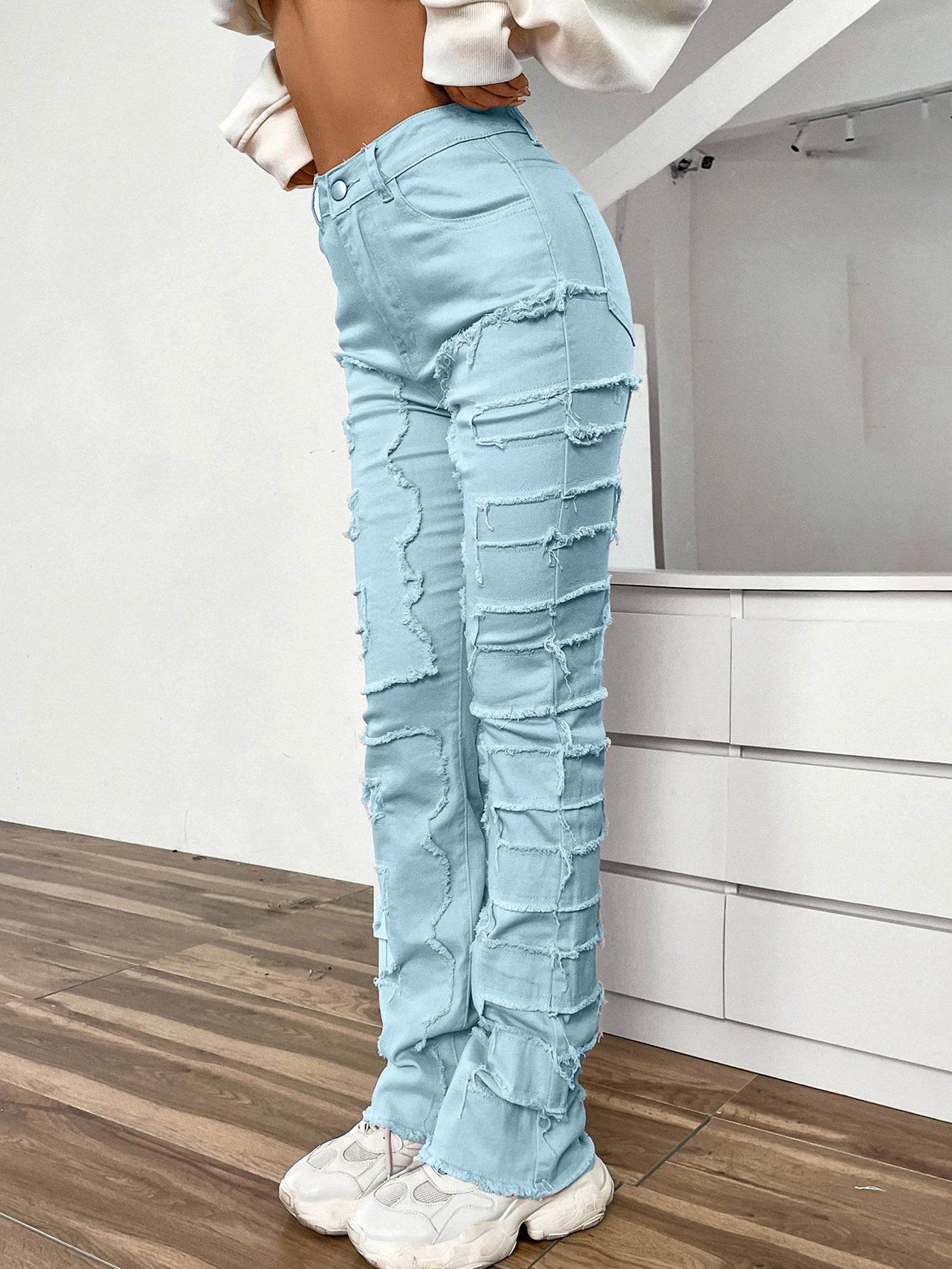 Women's Embroidered Straight-Leg Jeans - Fashionable Patchwork Design - Buy Center US