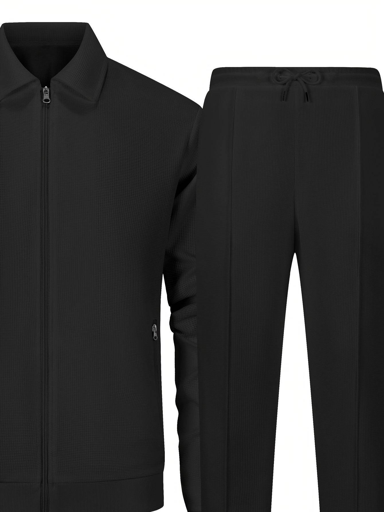 Men's Solid Color Knitted Tracksuit Set - Long Sleeve Jacket & Pants - Buy Center US