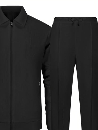 Men's Solid Color Knitted Tracksuit Set - Long Sleeve Jacket & Pants - Buy Center US
