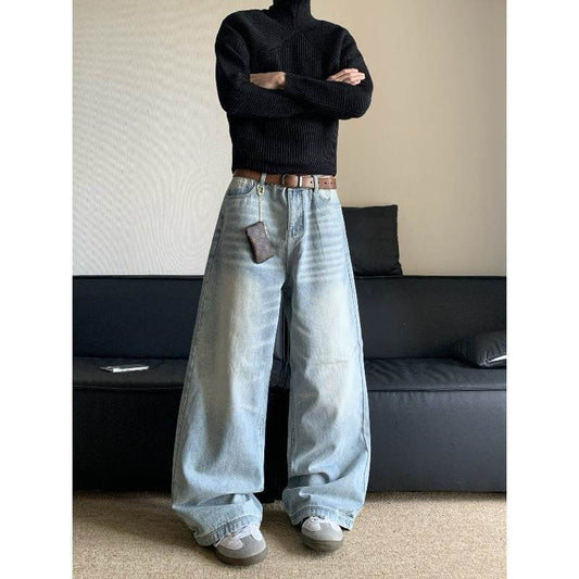 Men's Retro Washed Loose Straight Wide-leg Jeans - Mid Waist Denim - Buy Center US