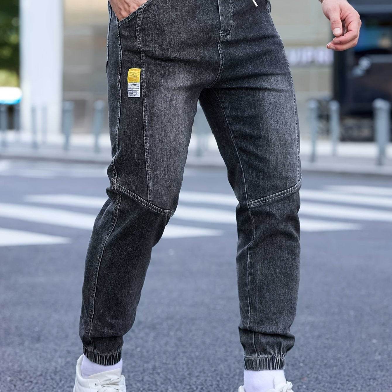 Men's Cropped Denim Pants with Pockets - Casual Drawstring Cotton Blend - Buy Center US