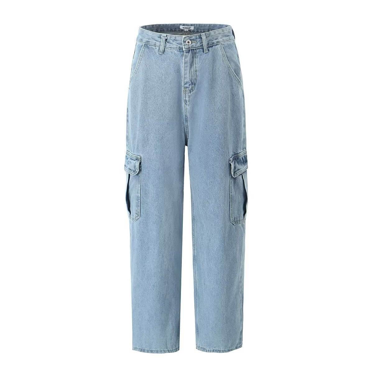 High Waist Loose Boyfriend Style Cargo Jeans - Denim Blue Trousers - Buy Center US