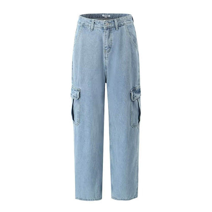 High Waist Loose Boyfriend Style Cargo Jeans - Denim Blue Trousers - Buy Center US