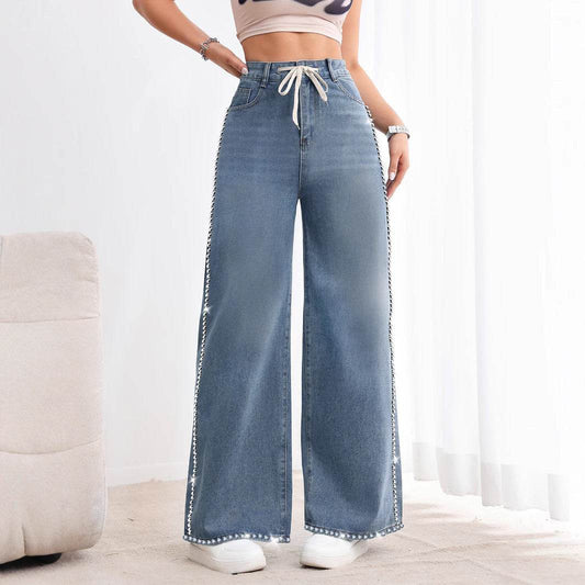 Retro Wide Leg Beaded Jeans - High Waist Denim Trousers for Trendy Look - Buy Center US