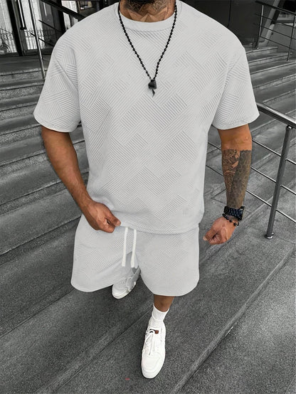 Men's Summer Houndstooth Knitted T-Shirt & Shorts Set - Casual Sports Outfit - Buy Center US