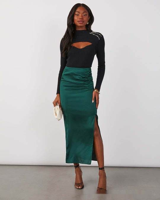 Elegant Satin Sheath Dress with Draping - Available in Black, Wine Red, Peacock Green - Buy Center US