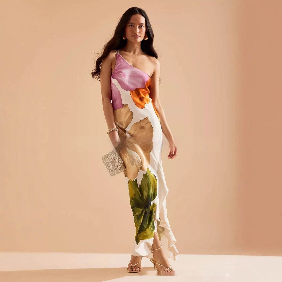 Women's One-Shoulder Long Suspender Skirt - Elegant Ruffle Design - Buy Center US