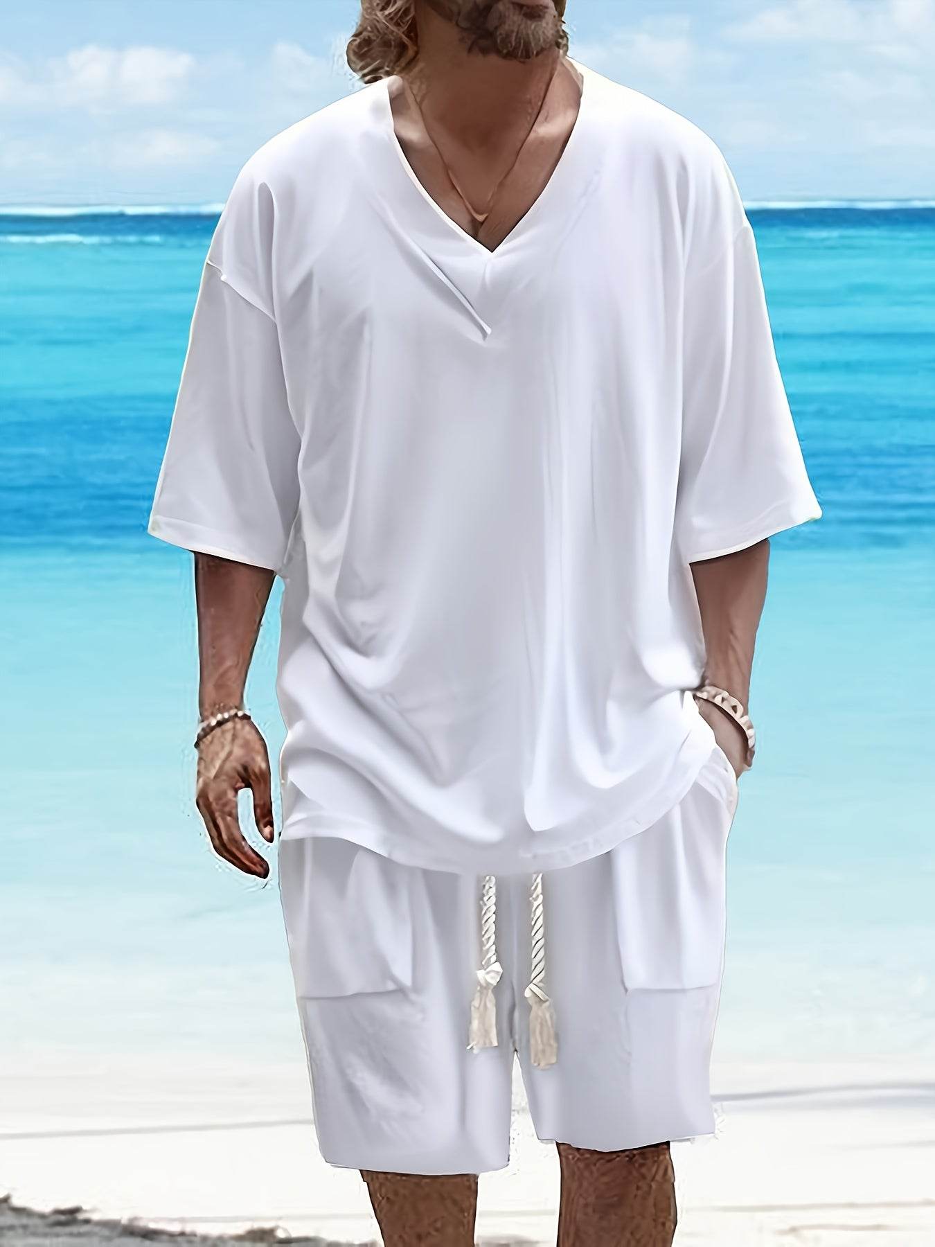 Summer Men's Casual V-Neck T-Shirt & Shorts Set - Trendy Polyester Outfit - Buy Center US