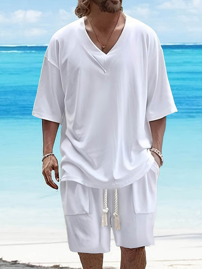 Summer Men's Casual V-Neck T-Shirt & Shorts Set - Trendy Polyester Outfit - Buy Center US