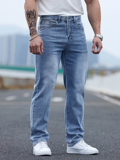 Men's Light Blue Washed Jeans - Relaxed Fit, High-Quality Cotton Blend - Buy Center US