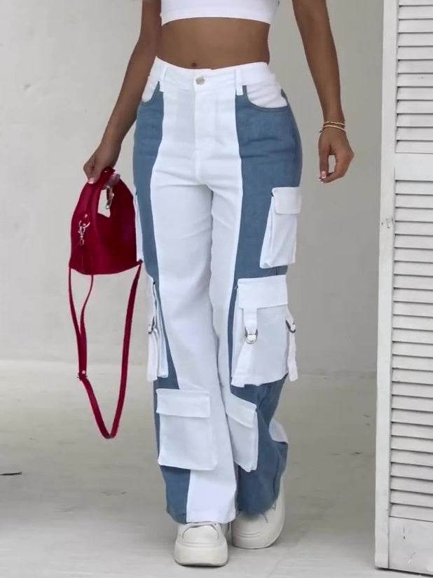 Elegant Contrast Pocket Cargo Jeans - Regular Fit, Patchwork Design - Buy Center US