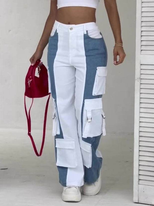 Elegant Contrast Pocket Cargo Jeans - Regular Fit, Patchwork Design - Buy Center US
