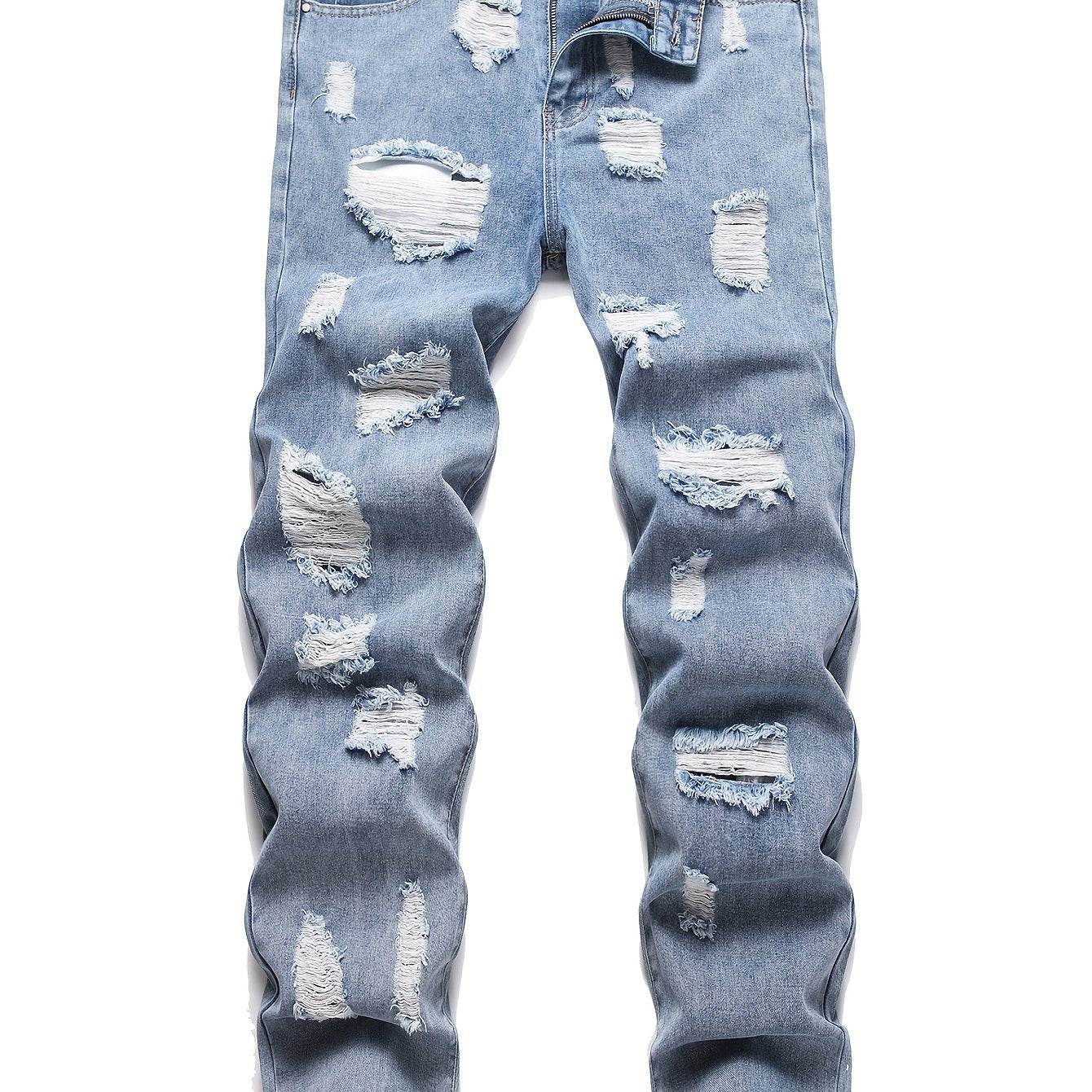 Men’s Distressed Straight Leg Jeans - Loose Fit, All-Season Casual Wear - Buy Center US