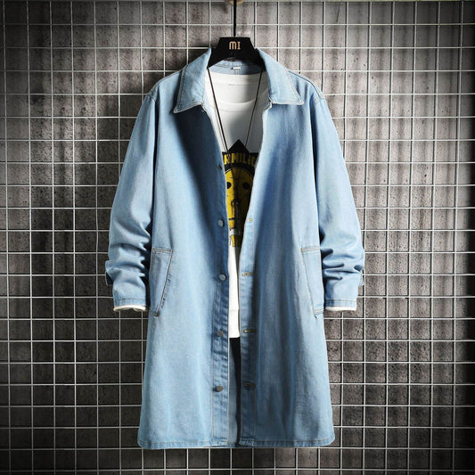 Buycenter Men's Denim Trench Coat - Casual Loose Fit, Mid-Length Style - Buy Center US