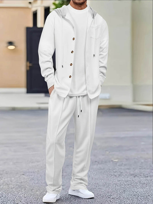 Men's Two-Piece Waffle Knit Set - Hooded Cardigan & Drawstring Pants - Buy Center US