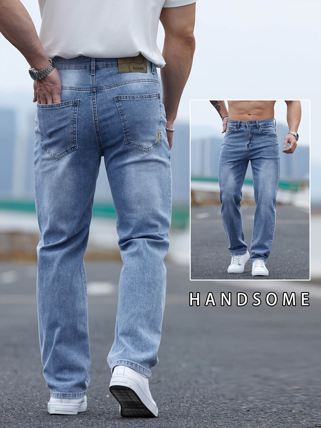 Men's Light Blue Washed Jeans - Relaxed Fit, High-Quality Cotton Blend - Buy Center US
