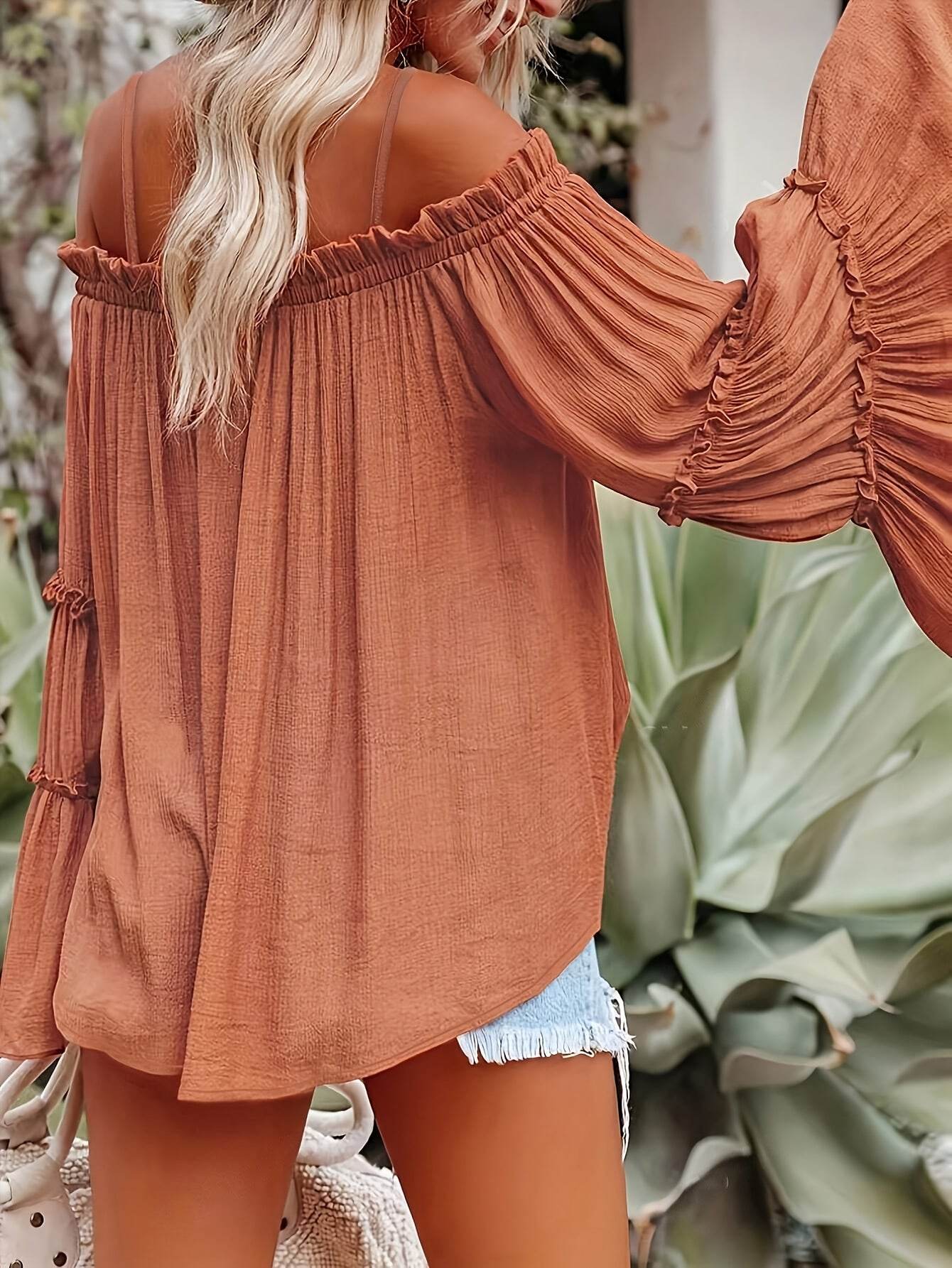 Elegant Women's One Shoulder Flared Sleeve Shirt - Solid Color Casual Wear - Buy Center US