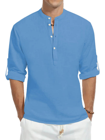 Men's 100% Cotton Long Sleeve Shirt - Casual Solid Color Stand Collar - Buy Center US