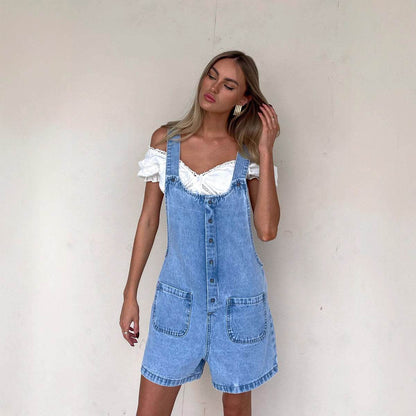 Women's Slim Straight Suspender Trousers - Denim Blue One-Piece Style - Buy Center US