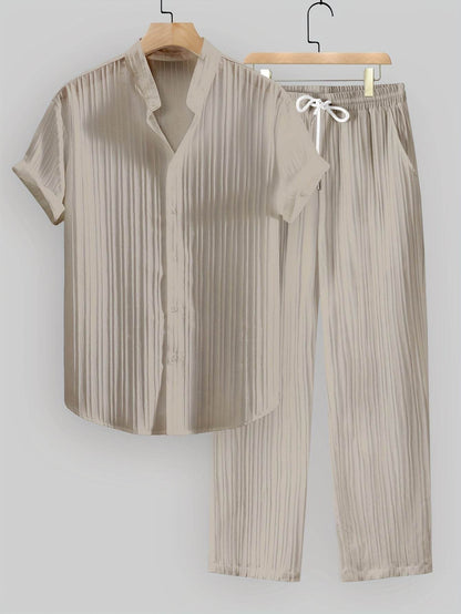 Men's Summer Casual Outfit Set - Striped Short Sleeve Shirt & Drawstring Pants - Buy Center US