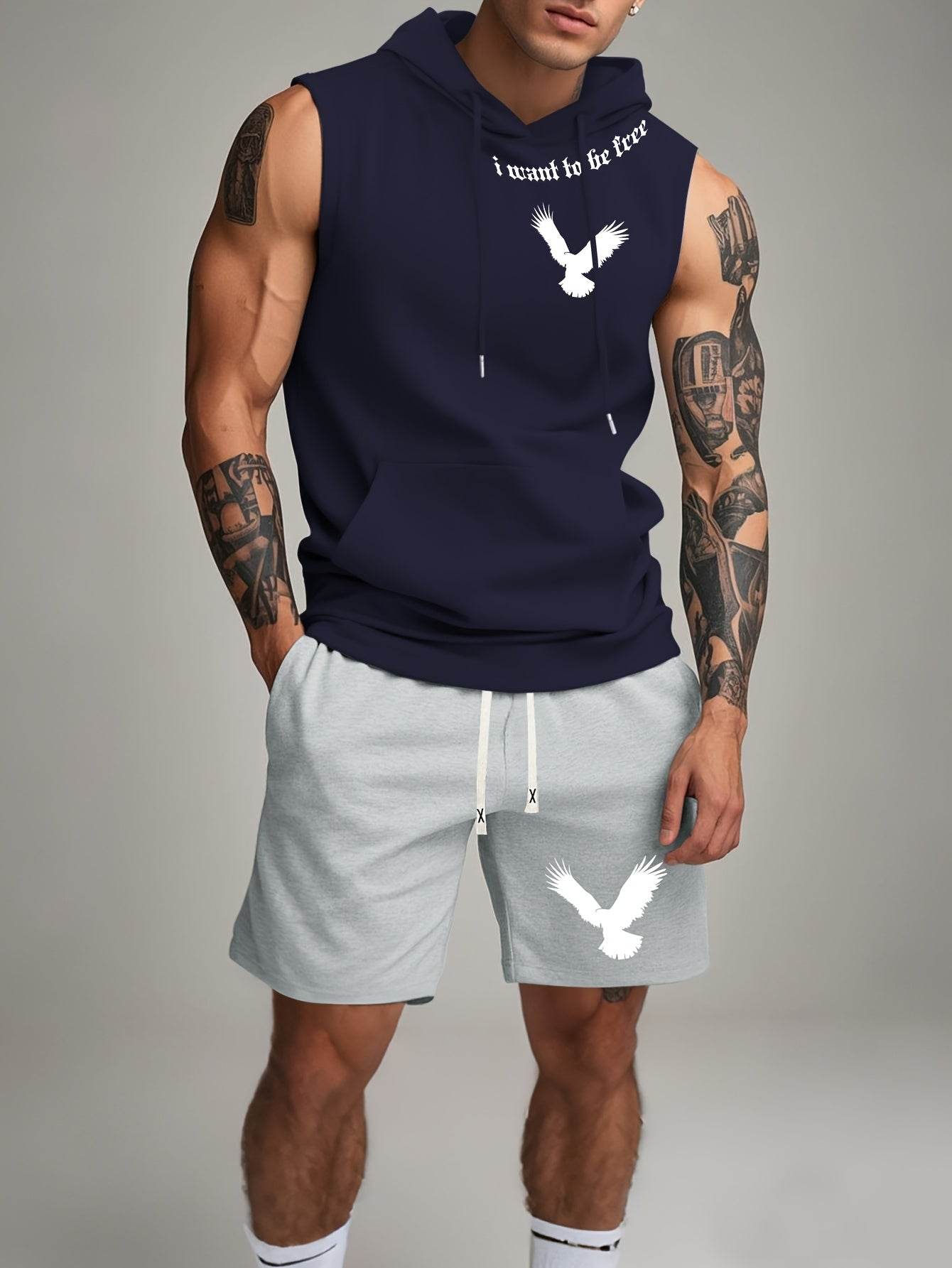 Black Sleeveless Hoodie & Shorts Set - White Bird Print, Casual Outdoor Wear - Buy Center US