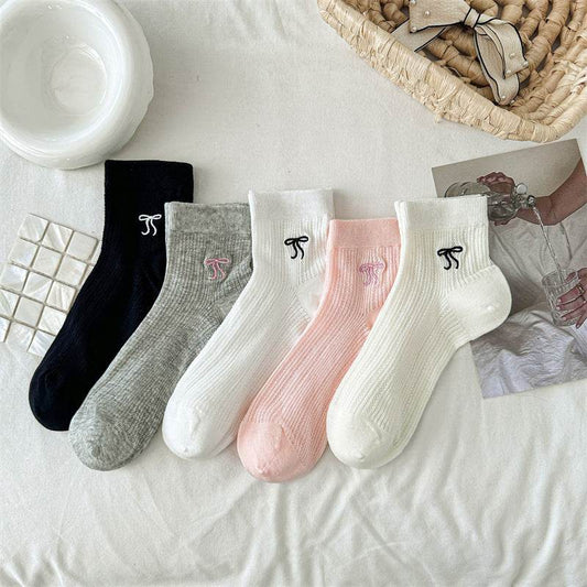 Bow Embroidered Short Socks - Cotton, Stylish for All Seasons - Buy Center US