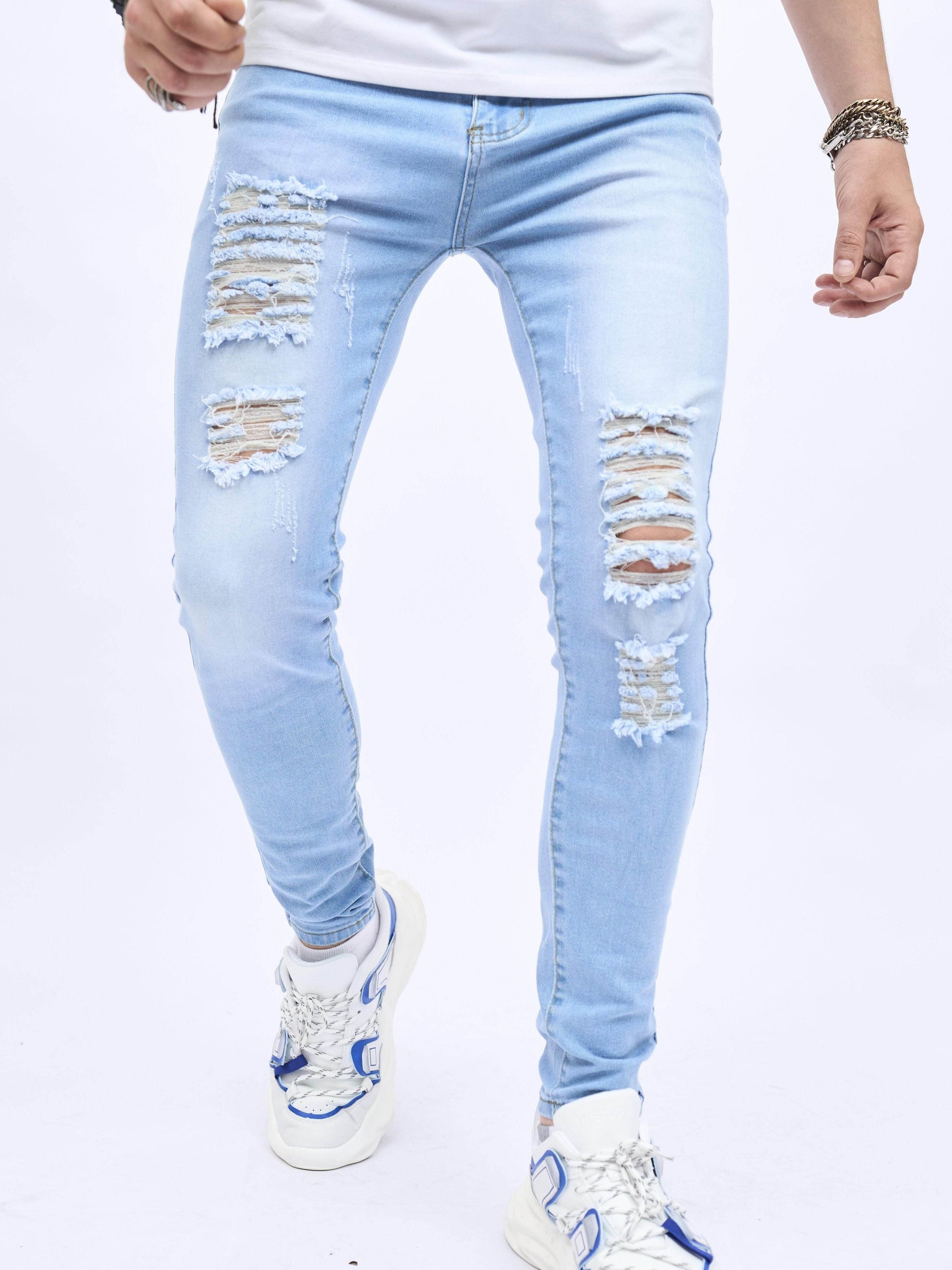 2023 Retro Distressed Knee Ripped Jeans - Light Blue Cotton Slim Fit - Buy Center US