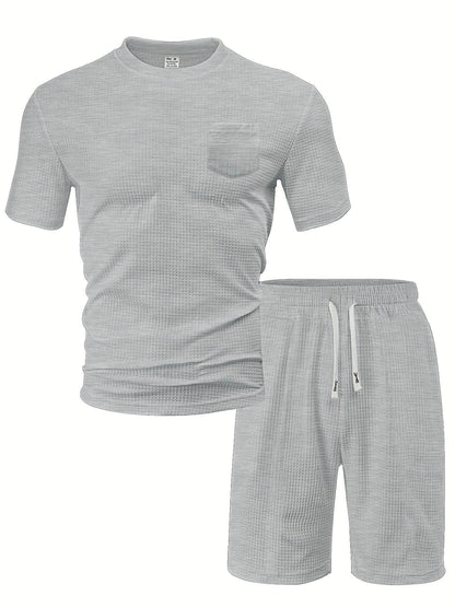 Casual Men's Sports Outfit - Waffle Henley T-Shirt & Stylish Beach Shorts - Buy Center US