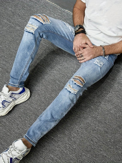 Men's Slim Fit Distressed Jeans - Ripped Stretch Denim, Light Blue - Buy Center US