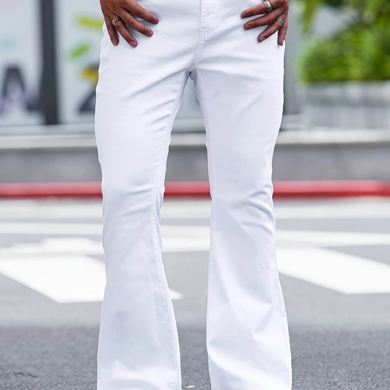 Men's Solid Denim Flare Pants - Casual Slim-fit Jeans with Pockets - Buy Center US