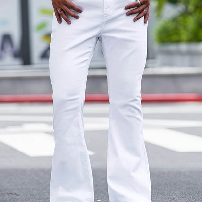 Men's Solid Denim Flare Pants - Casual Slim-fit Jeans with Pockets - Buy Center US