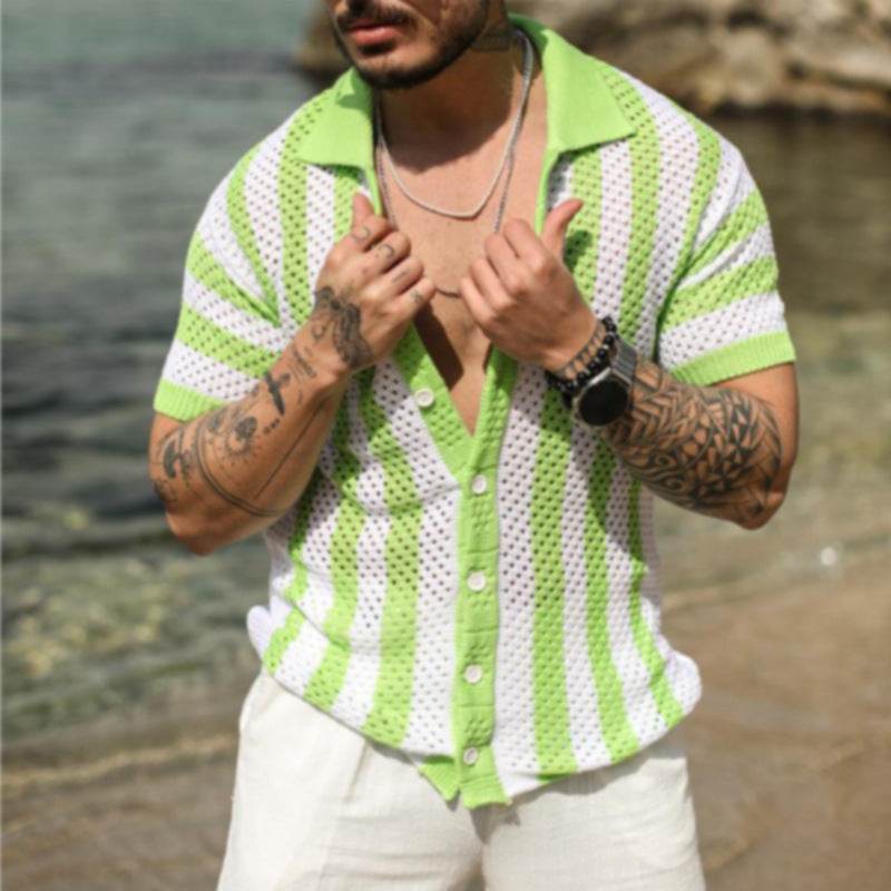 Men's Casual Loose Striped Polo Shirt – Short Sleeve, Ice Silk Fabric - Buy Center US
