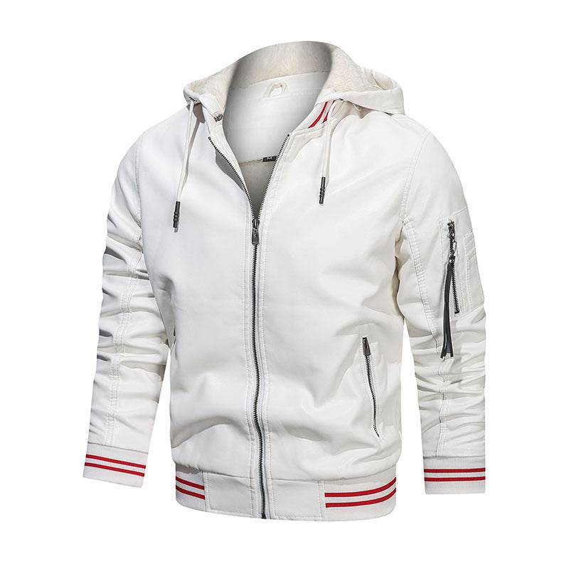 Buycenter Men's Hooded Leather Jacket - Multi-Pocket Casual Style - Buy Center US