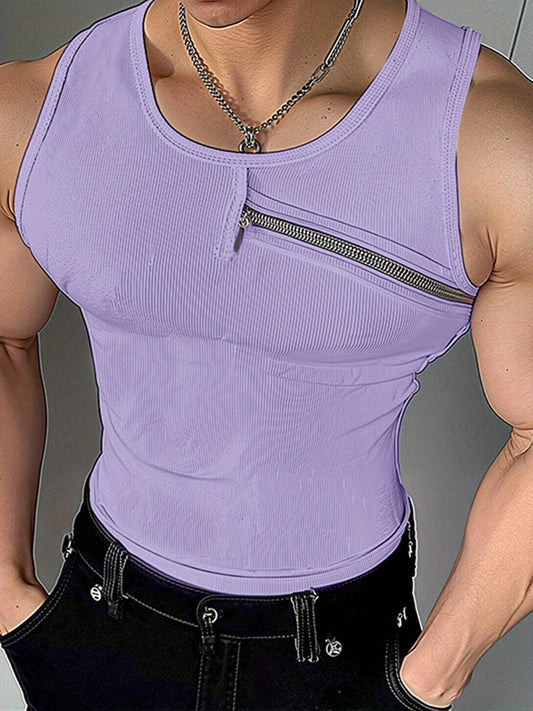 Men's Stylish Purple Ribbed Knit Tank Top - Slim Fit, Casual Zipper Vest - Buy Center US