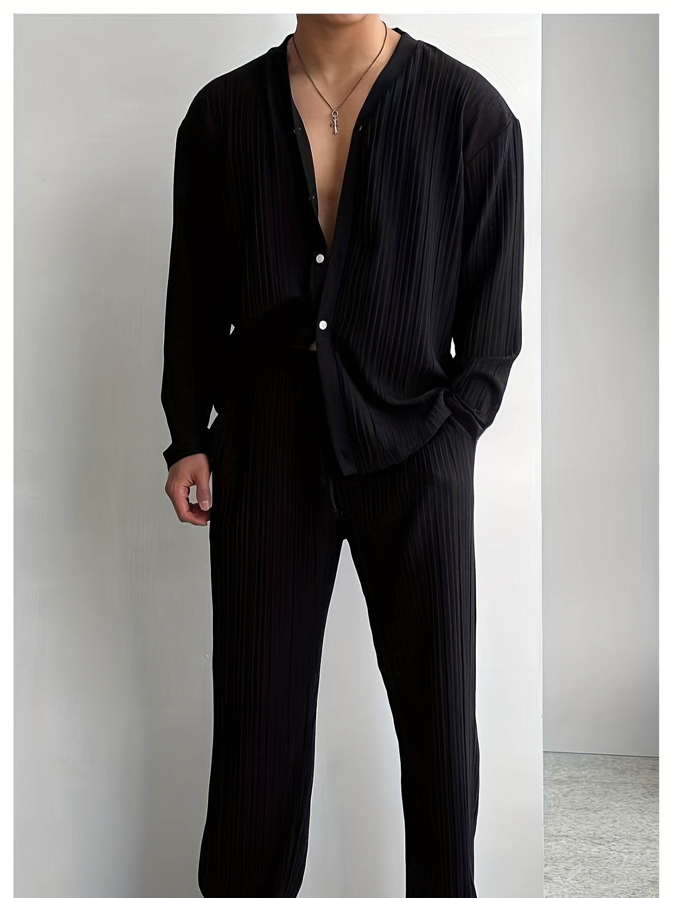Men's Elegant Striped Button-Up Shirt & Pants Set - V-Neck Beach Attire - Buy Center US