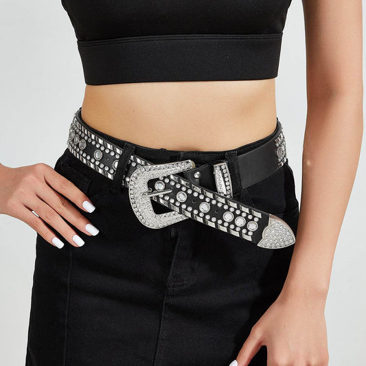 Punk Rhinestone Rivet Y2K Fashion Belt - 105CM PU Leather & Alloy Buckle - Buy Center US