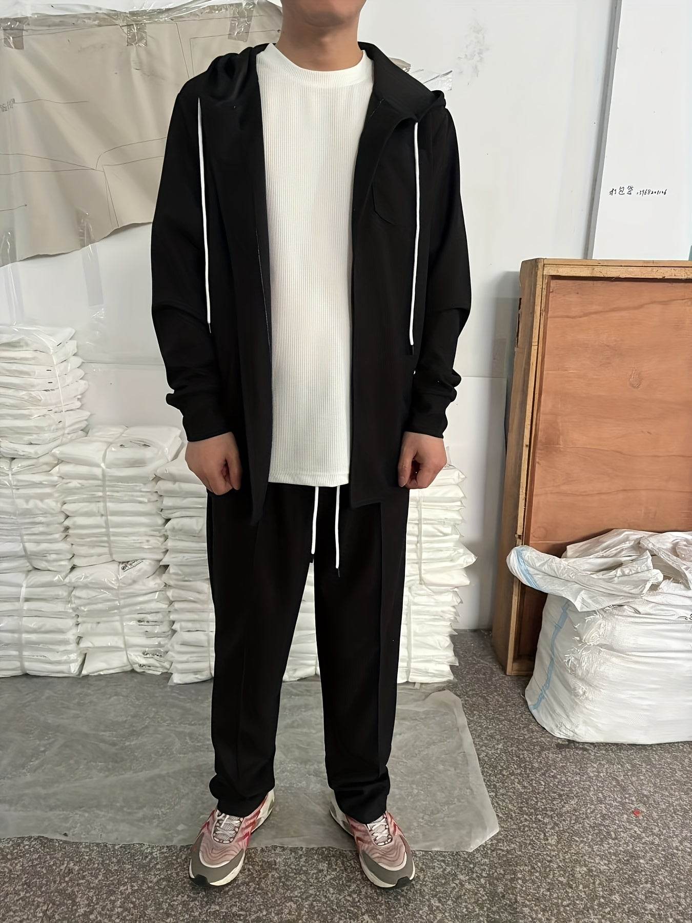 Men's Two-Piece Waffle Knit Set - Hooded Cardigan & Drawstring Pants - Buy Center US