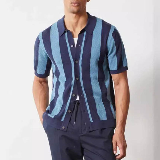 Men's Hollow Breathable Polo Shirt - Stylish Stripes in Blue, Sizes M-XXXL - Buy Center US